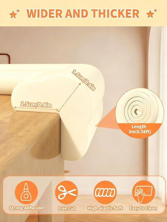 Edge Corner Protector Baby Proofing, 6.56FT 0.6'' Thicken L-Shape Furniture Fireplace Safety Bumper Guard with 6 Corners, Pre-Taped, Soft NBR Rubber Foam, Table Edge Protector for Baby (Beige)