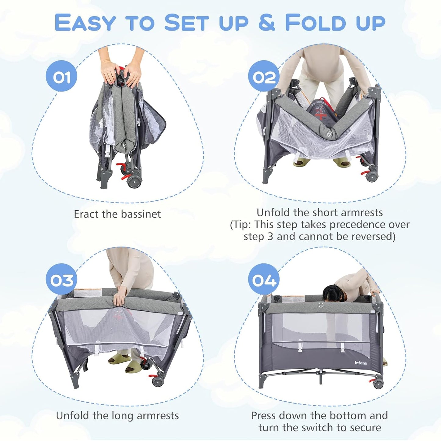 INFANS Pack and Play, 5 in 1 Baby Bedside Sleeper with Bassinet, Diaper Changer, Mattress, Carry Bag, Music Box Hanging Toys, Foldable Bedside Crib, Portable Playard for Newborn Toddlers (Gray)