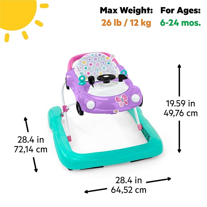 Bright Starts Little Speedster 3-in-1 Car Walker, Purple Power, Baby Activity Walker for Girls and Boys, 6 Months+