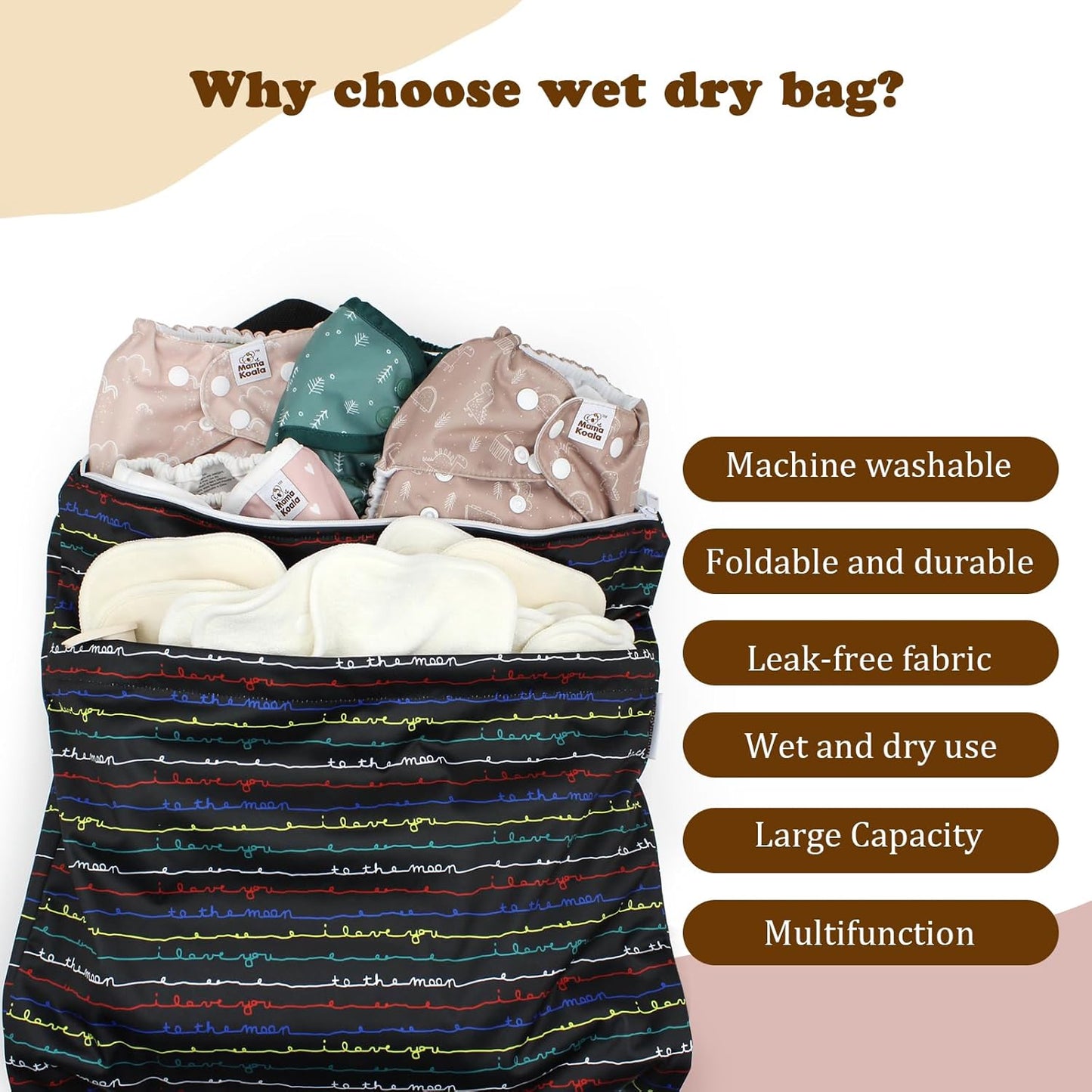 Mama Koala Reusable Hanging Wet Dry Bags for Baby Items, Cloth Diapers, Swimsuits, Travel, Gym Clothes, Beach, Pump Parts, Toiletries, Two Zippered Pockets, 2 Pack (W004L)