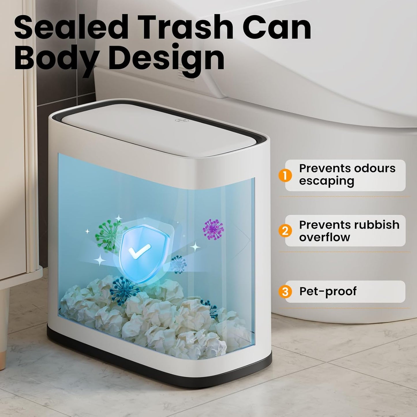 Small Bathroom Trash Can with Lid, 8L / 2.1 Gallon Narrow Garbage Bin with Wheels, Air-Press Bag Expander & Inner Bucket, Press Top Wastebasket for Bedroom, Office, Toilet, Odor Sealing Diaper Pail