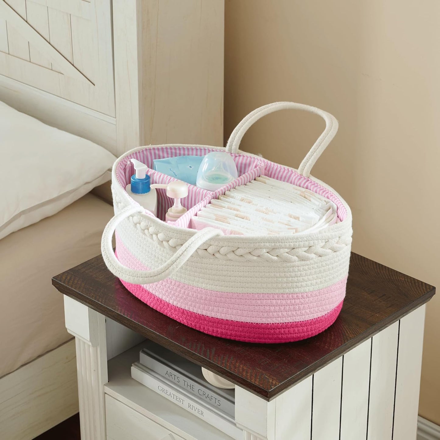 luxury little Diaper Caddy Organizer, Large Cotton Rope Nursery Baby Basket, Changing Table Organizer for Baby Diaper Storage, Portable Car Organizer Removable Divider (Off White, Large)