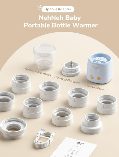 Portable Bottle Warmer On The Go, Includes 9 Brand Adapters, Fast Heating with Precise Temperature Control, Detachable & Leak-Proof Design, Baby Bottle Warmer for Travel - Blue