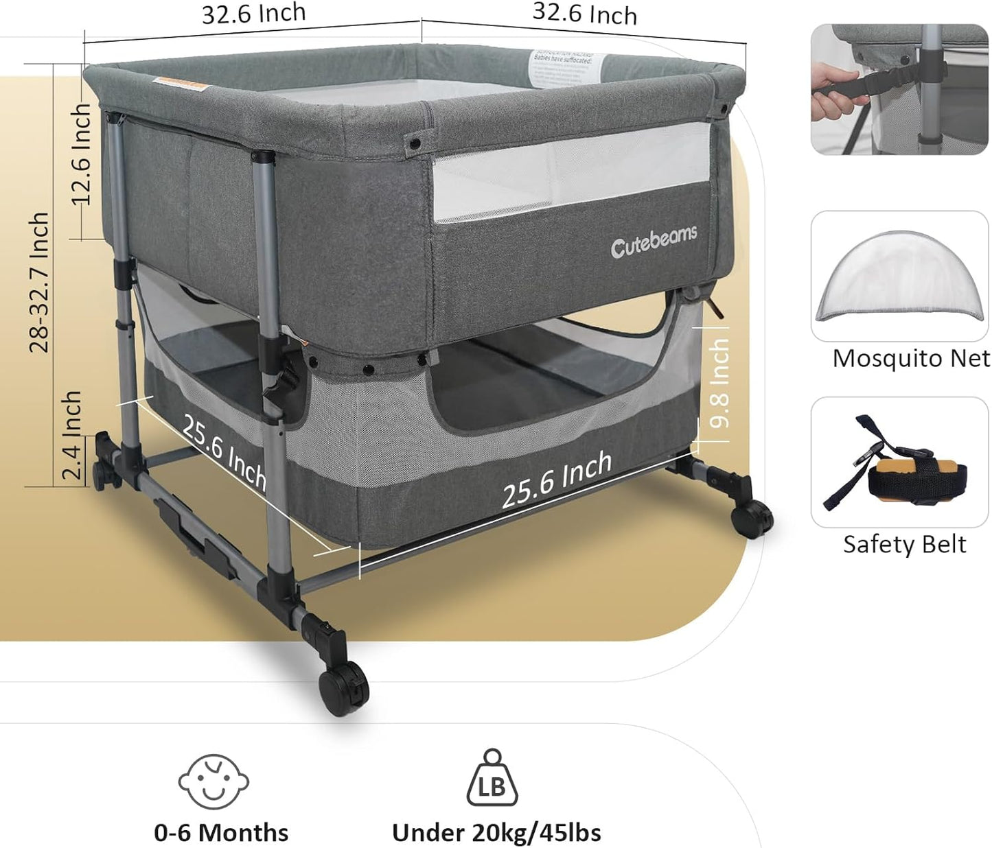 Twin Bassinet for 2 Babies, 3 in 1 Bedside Co Sleeper Double Bassinet for Twins, Rocking Bassinet for Baby with Wheels and Storage Basket, Includes Mattress (Grey)