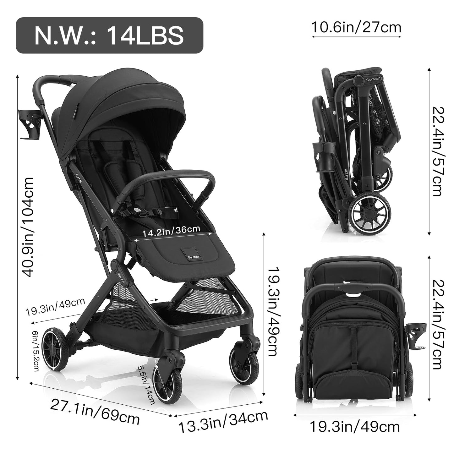 Gromast Compact Fold Baby Stroller, Lightweight Travel Toddler Stroller with One-Click Fold, Extendable UPF50+ Canopy, Cup Holder, UV Protected and Waterproof, One-Hand Folding - Blue