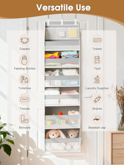 Criusia Over the Door Organizer, 6-Shelf Closet Hanging Storage with 13 Mesh Pockets, 55lbs Capacity Behind the Door Storage for Baby Nursery, Bathroom, Bedroom, and Dorm, Beige
