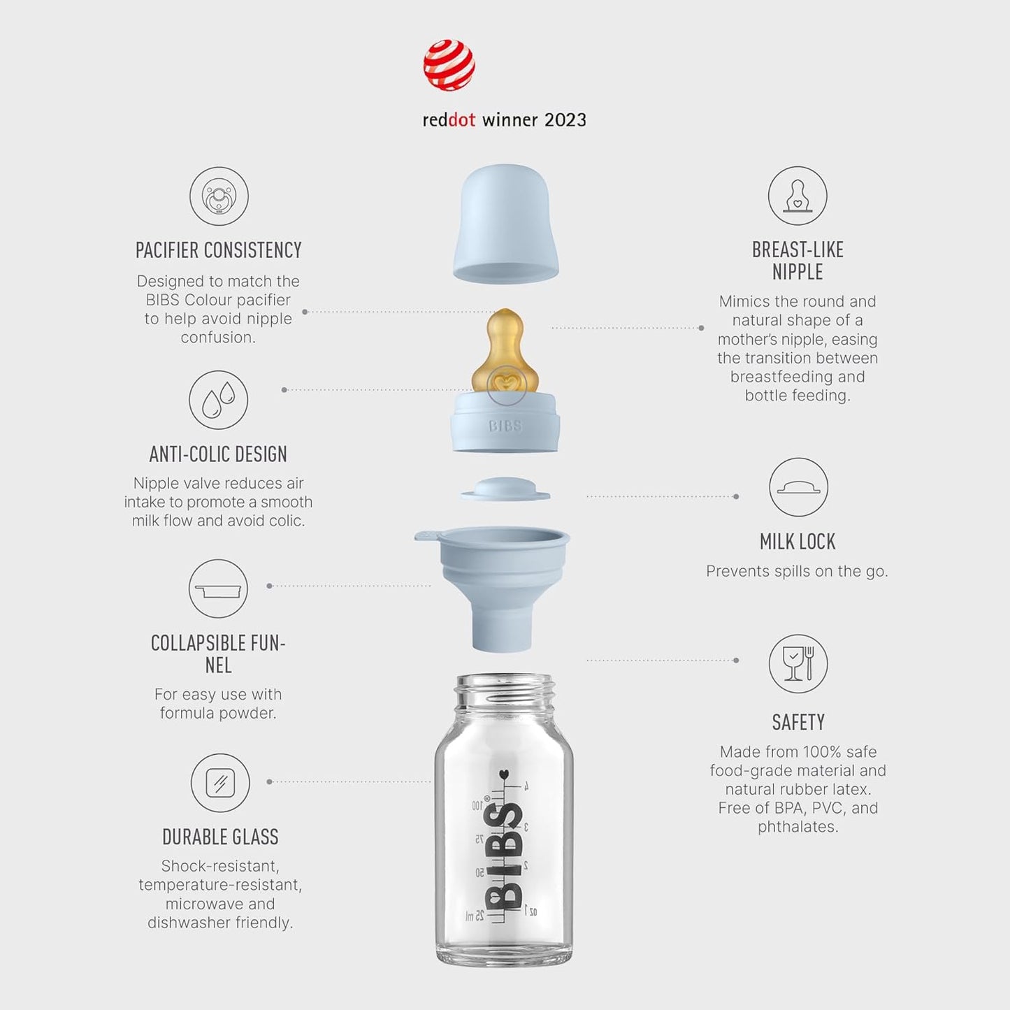 BIBS Baby Glass Bottle. Anti-Colic. Round Natural Rubber Latex Nipple. Supports Natural Breastfeeding, Complete Set - 110 ml, Cloud