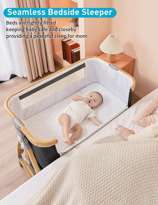 Baby Bassinet, Bedside Bassinet for Baby, 4 in 1 Portable Bassinet Bedside Sleeper with Wheels Mosquito Net & Storage Basket, 6 Height Adjustable Rocking Bassinet for Newborn Baby