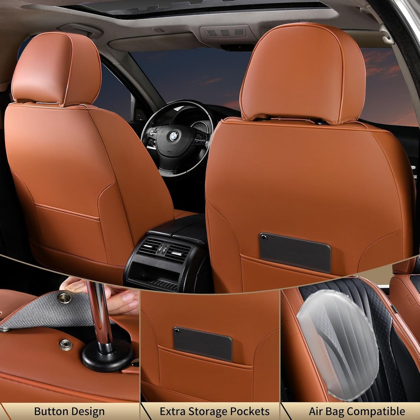 FLORICH Car Seat Covers, Brown Leather Seat Covers for Cars, Faux Nappa Leather Automotive Seat Protectors, Car Seat Cushions Universal Fit for Most Sedans SUVs Trucks - Brown