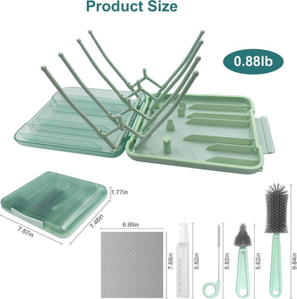 Baby Bottle Brush, 7 in 1 Travel Bottle Cleaner Kit with Soap Dispenser, Bottle Drying Rack, Dishcloths, Portable Essentials for Home and Travel-White