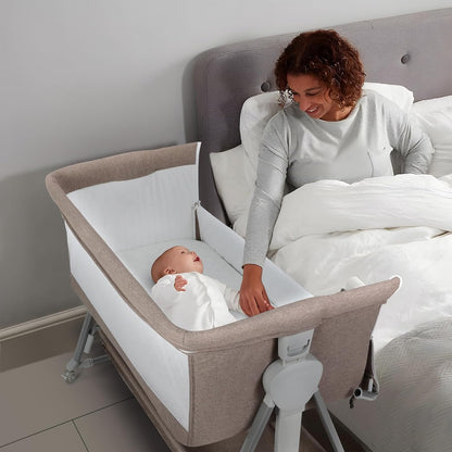 Cowiewie Bassinet Bedside Sleeper, Baby Bassinet with 7 Adjustable Height, Bedside Bassinet for Baby with Storage, Breathable Mesh & Mattress, Portable Bassinet Easy Folding (Pyramid Light Gray)