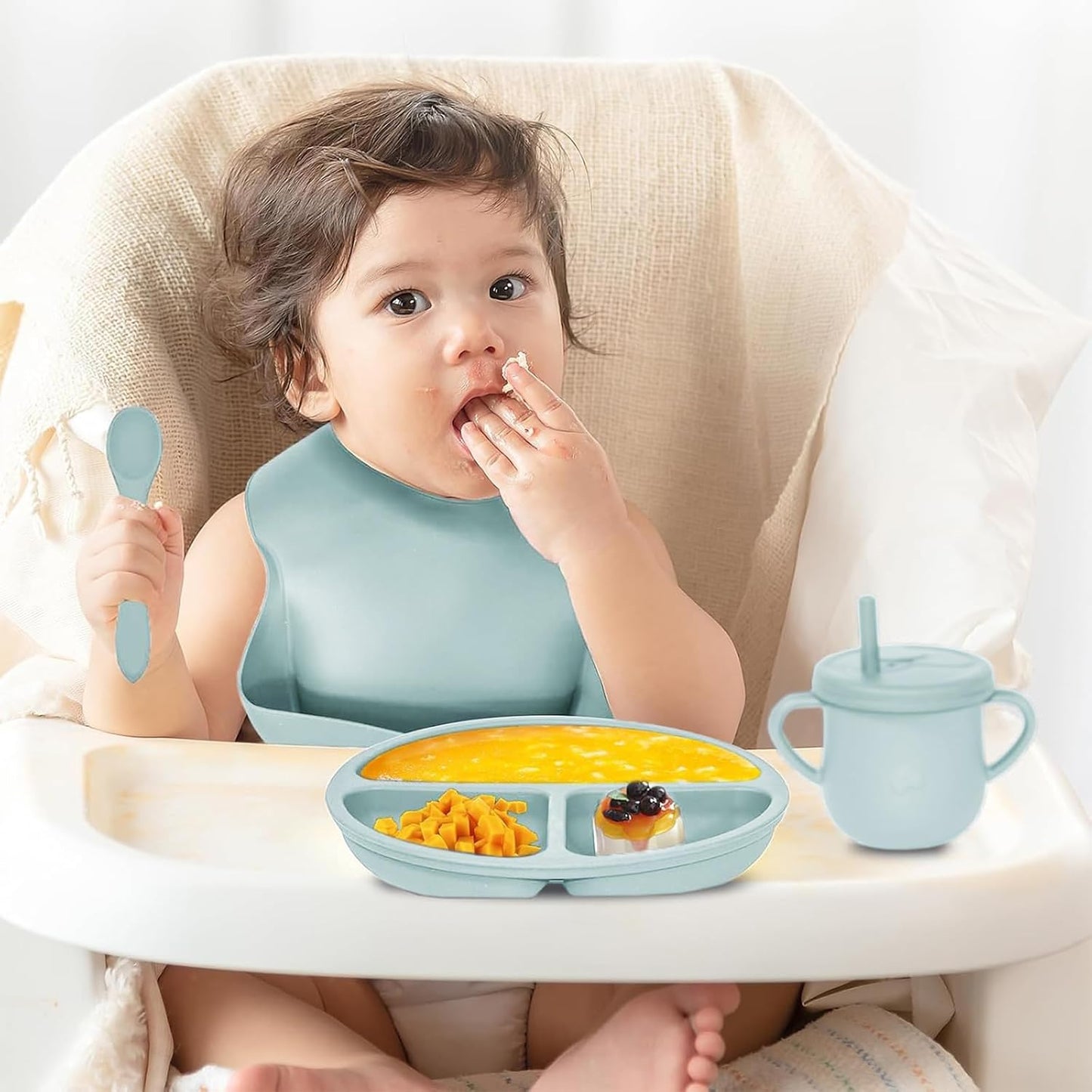 100% Silicone Baby Feeding Set, BPA Free Baby Dishes with Suction Bowl, Divided Plate, Toddler Self Feeding Dish Set with Spoons, Forks, Sippy Cup and Bib, Baby Eating Utensils (Navy Blue)
