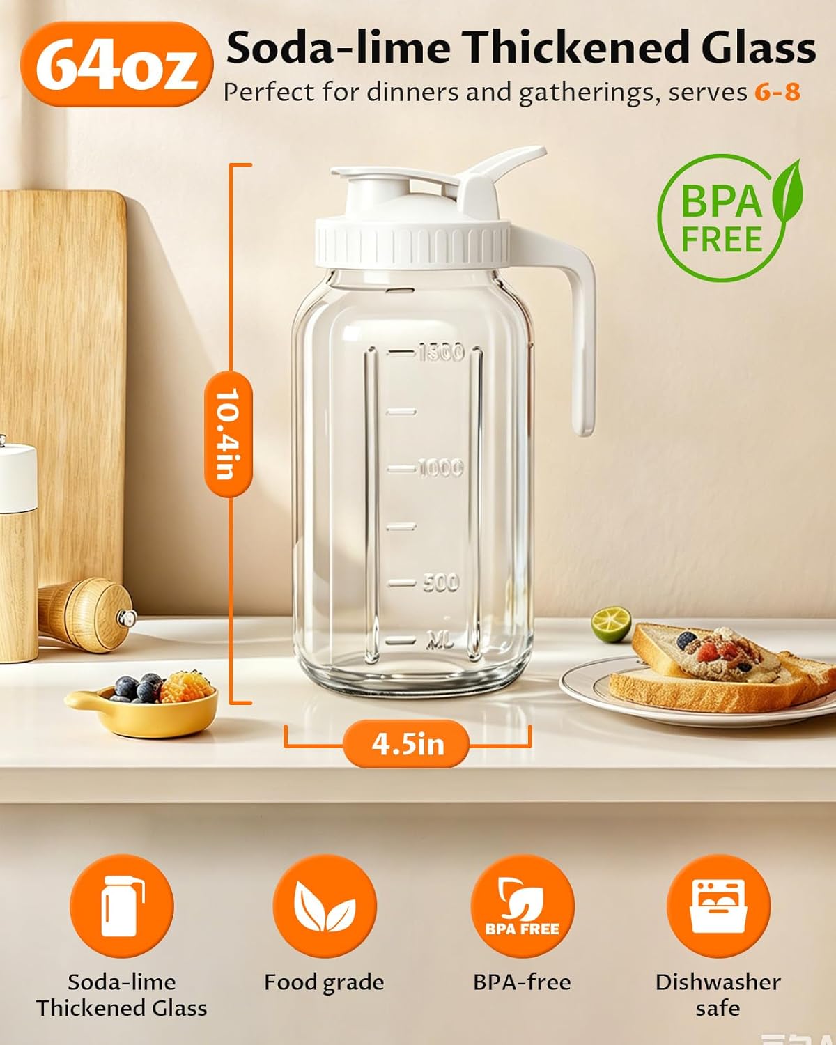 32oz Breast Milk Pitcher with Lid - Airtight Leakproof Glass Storage with Flip Cap & Pour Spout, Wide Mouth 1 Quart Breastmilk Storage Container Breastfeeding Essentials for Breastmilk, Formula, Milk