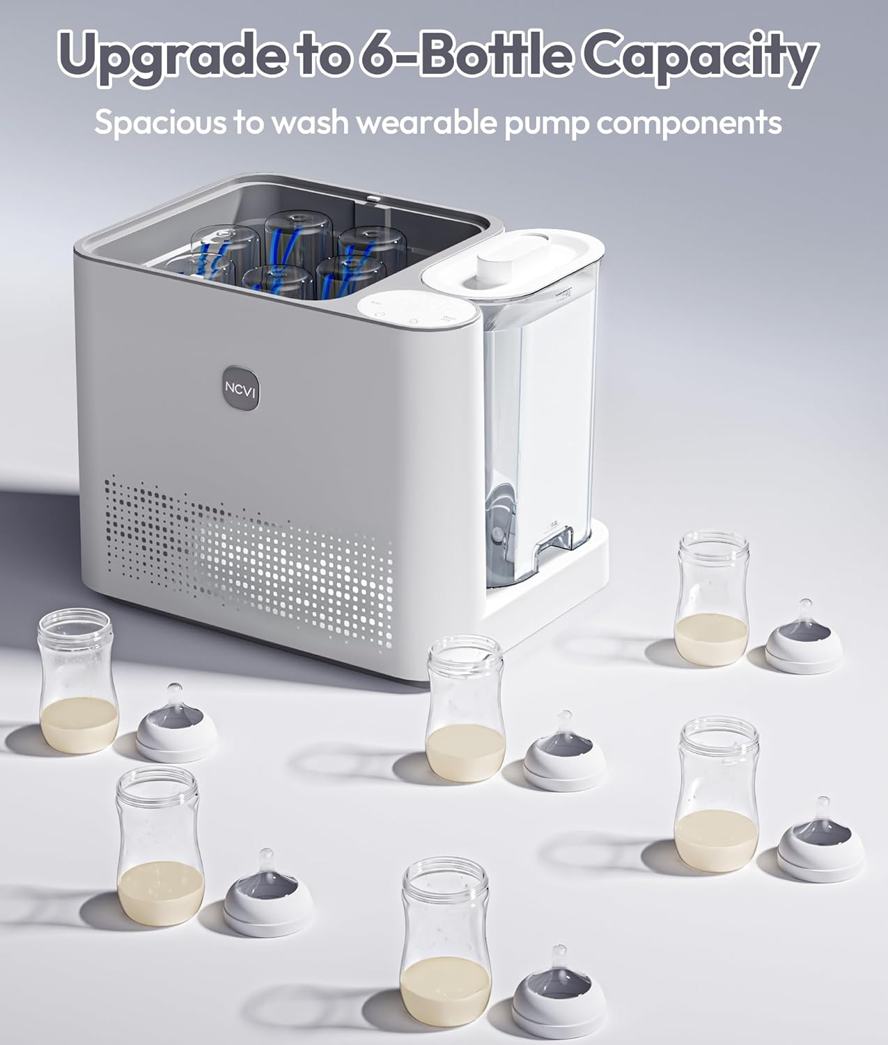 NCVI Large Baby Bottle Washer Sterilizer and Dryer Holds 6 Bottles & Pump Parts, Hospital-Grade Steam Sanitizer for Newborn & Multiple Feedings, Clean Machine for Busy Moms, Fast 19/41min Wash Cycles