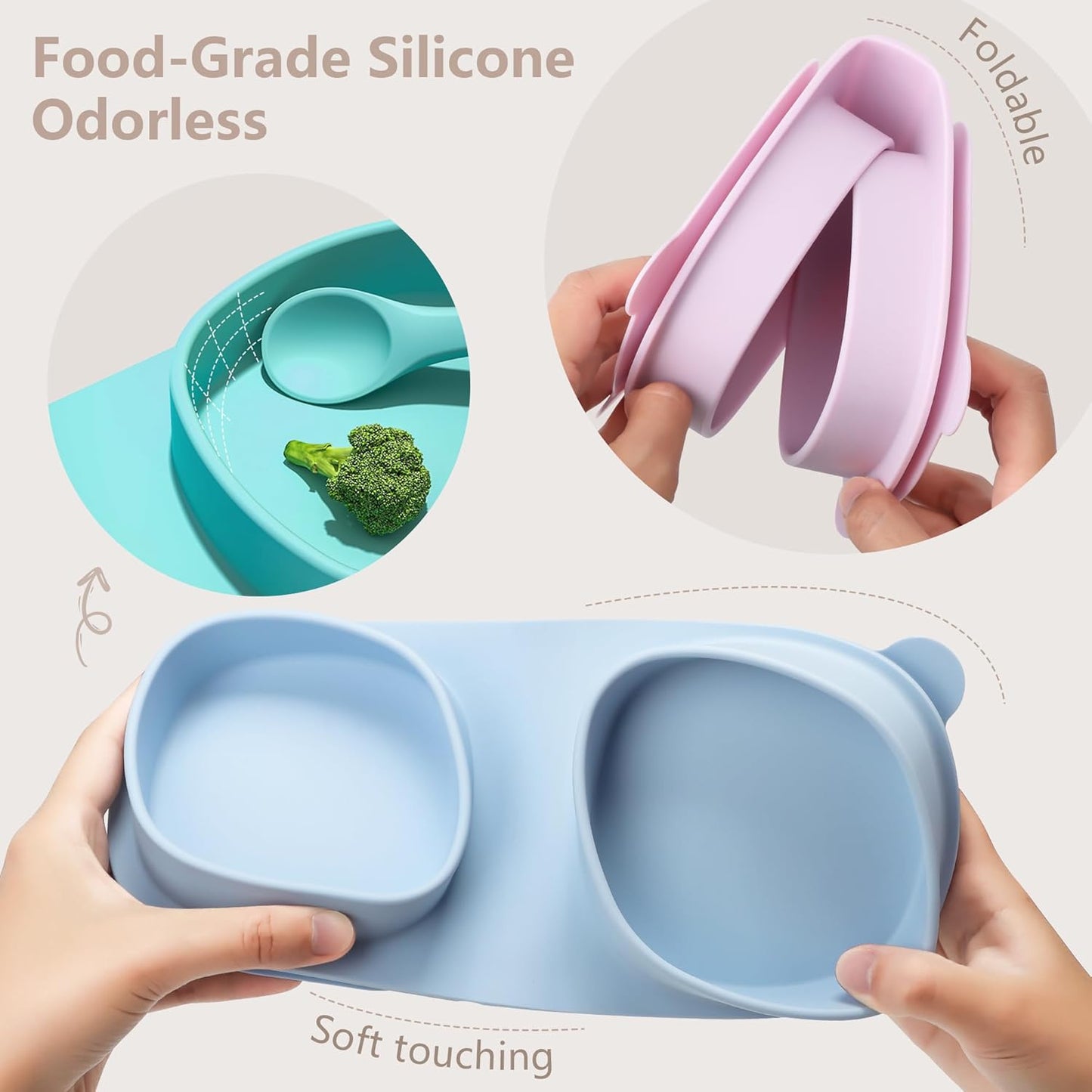Baby Plates with Suction with Forks and Spoons, Foldable Silicone Toddler Plates, Baby Travel Essential, Microwave & Dishwasher Safe, Purple