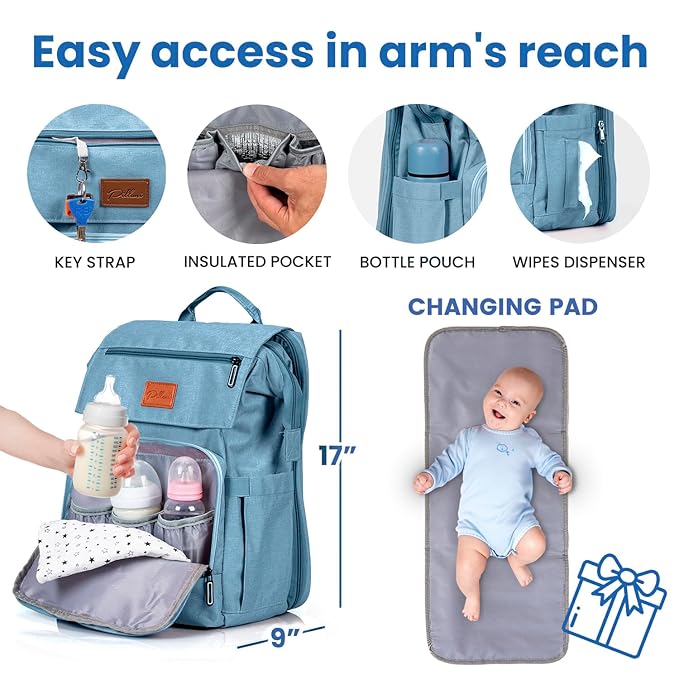 Baby Shower Gifts Diaper Bag Backpack - Large Capacity Baby Bag Backpack, Wide Opening & Easy Access Stylish Baby Diaper Bag - Waterproof, Durable, Travel-Friendly Organizer w/ Foldable Changing Pad