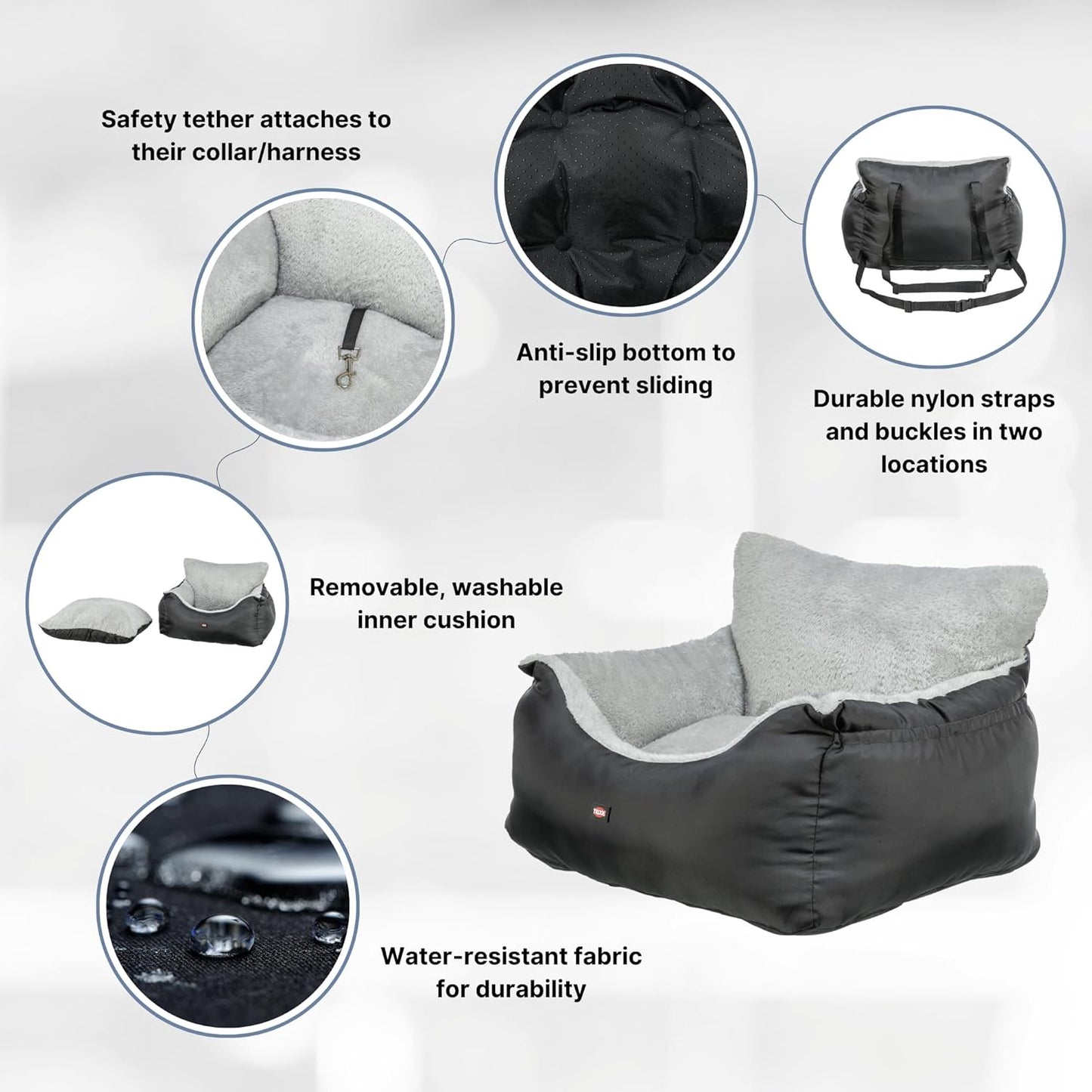 Trixie Convertible Lite Dog Car Seat 19.7 x 14.6 x 15.7 in – Cozy Booster with Safety Tether, Seat-Belt Straps & Side Pockets – Raised Travel Bed with Washable Cushion
