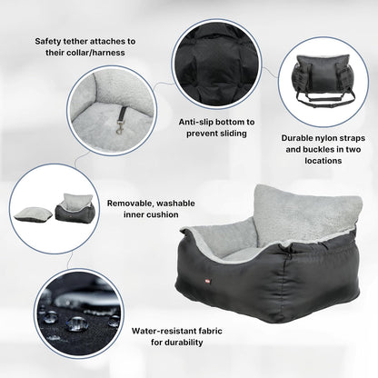 Trixie Convertible Lite Dog Car Seat 19.7 x 14.6 x 15.7 in – Cozy Booster with Safety Tether, Seat-Belt Straps & Side Pockets – Raised Travel Bed with Washable Cushion