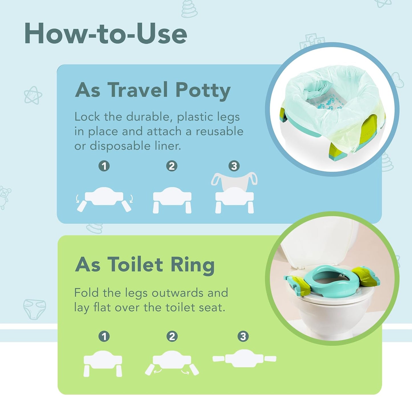 Kalencom Potette Plus 2-in-1 Travel Potty and Trainer Seat - Dual-Purpose Potty Training Toilet Seat - Portable Potty for Toddler Travel - with Durable, Lock-in Legs and Splash Guard - Pastel Mint