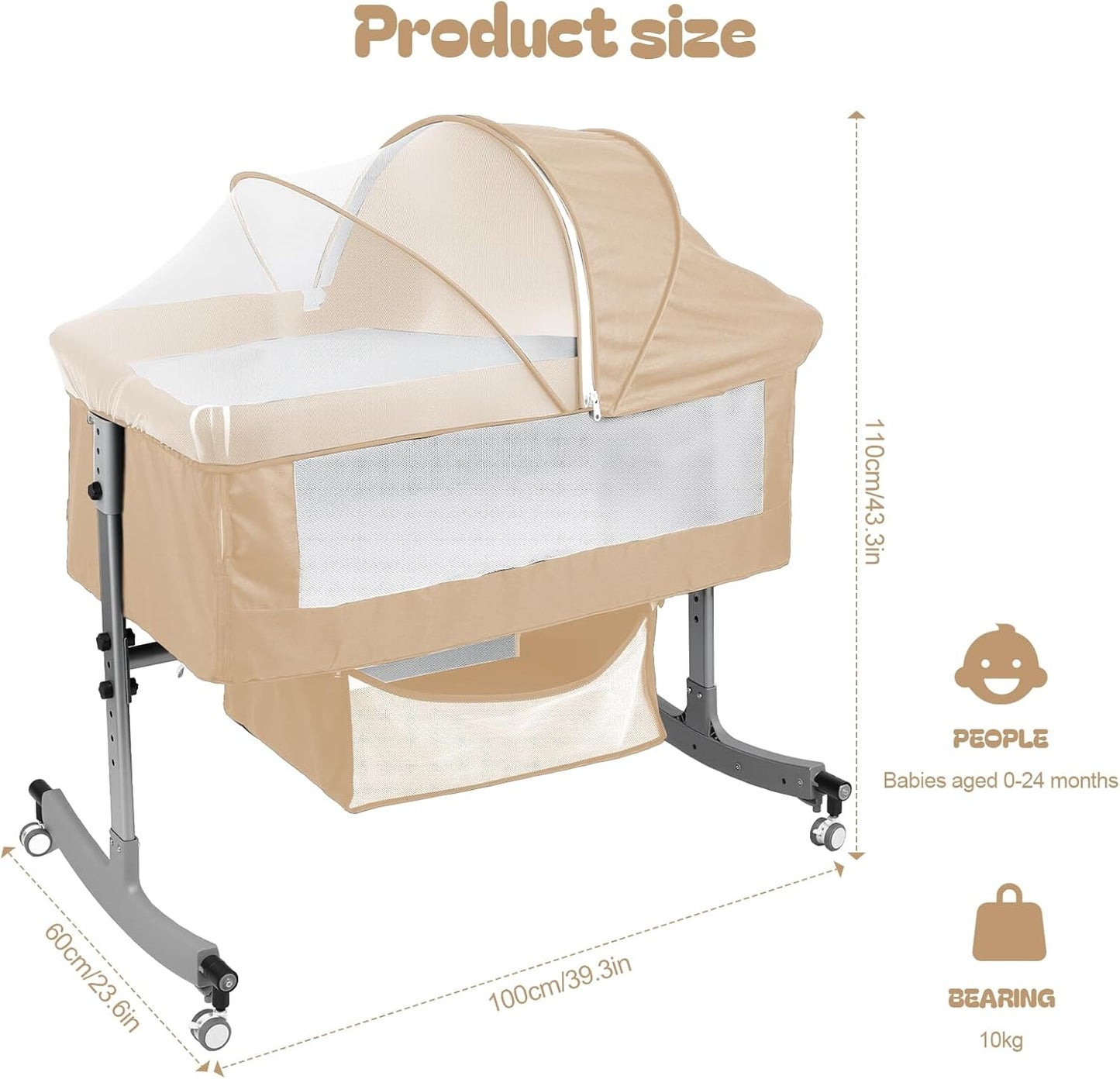 Baby Bedside Sleeper Bassinet with Changing Table, 39.4x23.6in, Portable, 6-Height Adjustable, 4-in-1 Iron Frame, Silent Wheels & Brakes, Breathable Mesh, Grey, for 0-24 Months