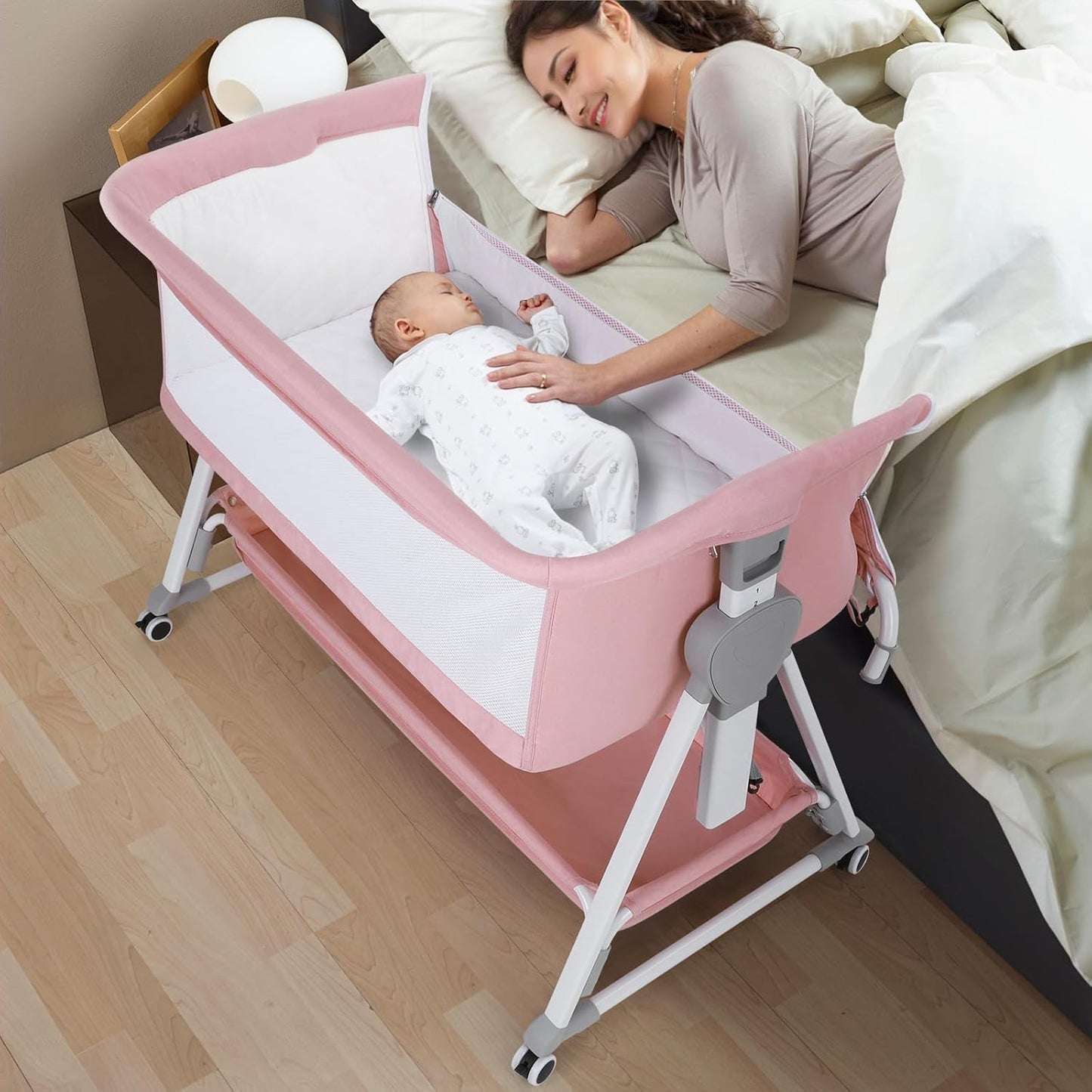 Cowiewie Bassinet Bedside Sleeper, Baby Bassinet with 7 Adjustable Height, Bedside Bassinet for Baby with Storage, Breathable Mesh & Mattress, Portable Bassinet Easy Folding (Pyramid Light Gray)