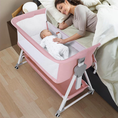 Cowiewie Bassinet Bedside Sleeper, Baby Bassinet with 7 Adjustable Height, Bedside Bassinet for Baby with Storage, Breathable Mesh & Mattress, Portable Bassinet Easy Folding (Pyramid Light Gray)