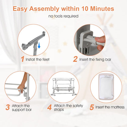 INFANS 3 in 1 Baby Bassinet, Bedside Sleeper for Newborn, Folding Crib with Mattress, Travel Bag, Wheels, 4-Sided Mesh, Easy to Assemble Cradle Co Sleeper Stationary, Rock (Dark Grey)