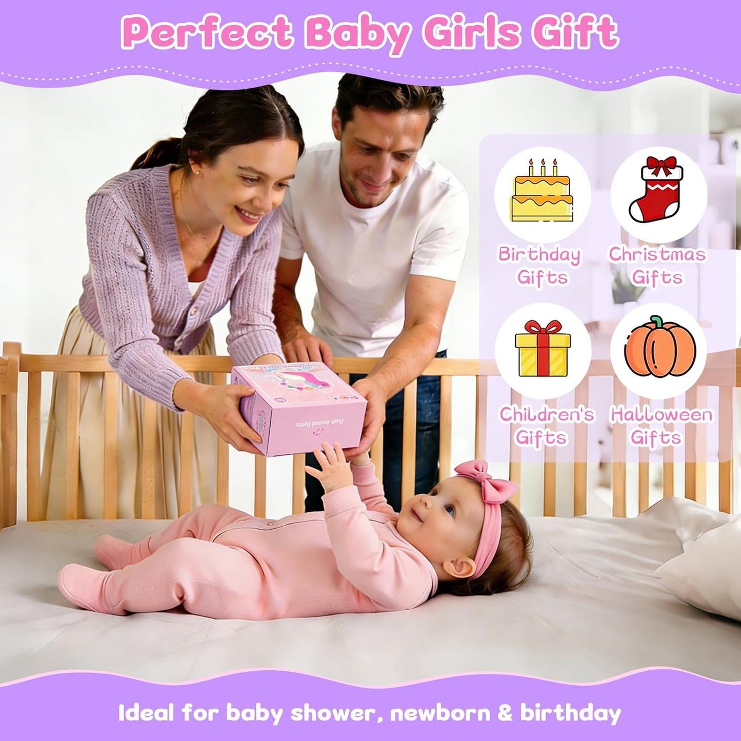 Car Seat & Stroller Toy for Girl - Musical Sensory Plush with Rattle & Mirror Baby Toys 0-12 Months Hanging Travel Carseat Toys Soft Squeaky Stuffed Animal Unicorn for Babies Gifts