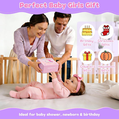 Car Seat & Stroller Toy for Girl - Musical Sensory Plush with Rattle & Mirror Baby Toys 0-12 Months Hanging Travel Carseat Toys Soft Squeaky Stuffed Animal Unicorn for Babies Gifts