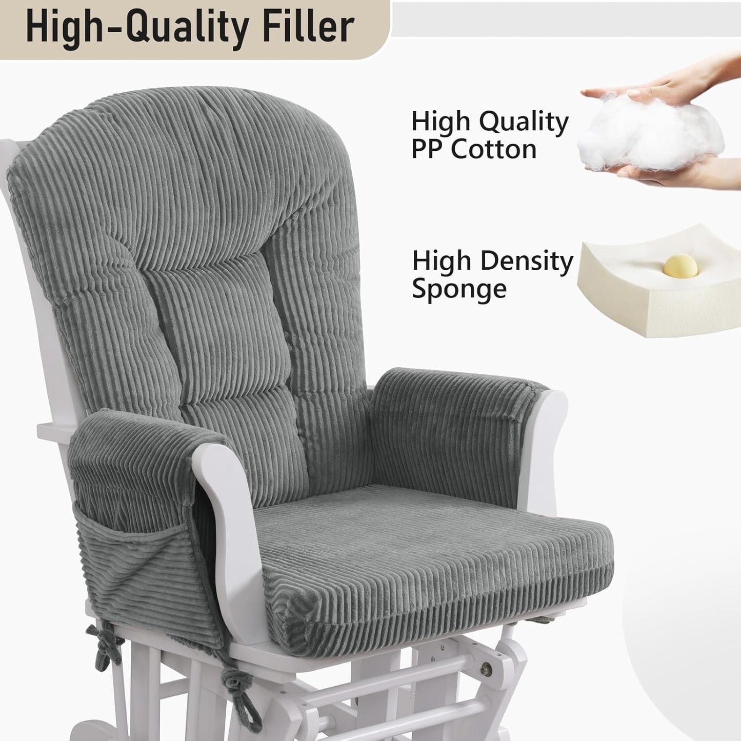 5PCS Glider Rocker Replacement Cushions with Storage Side Pockets, Thickened 3.5IN Seat & Supportive Striped Plush Rocking Chair Cushion Set with Ottoman Cover for Indoor Nursery, Beige