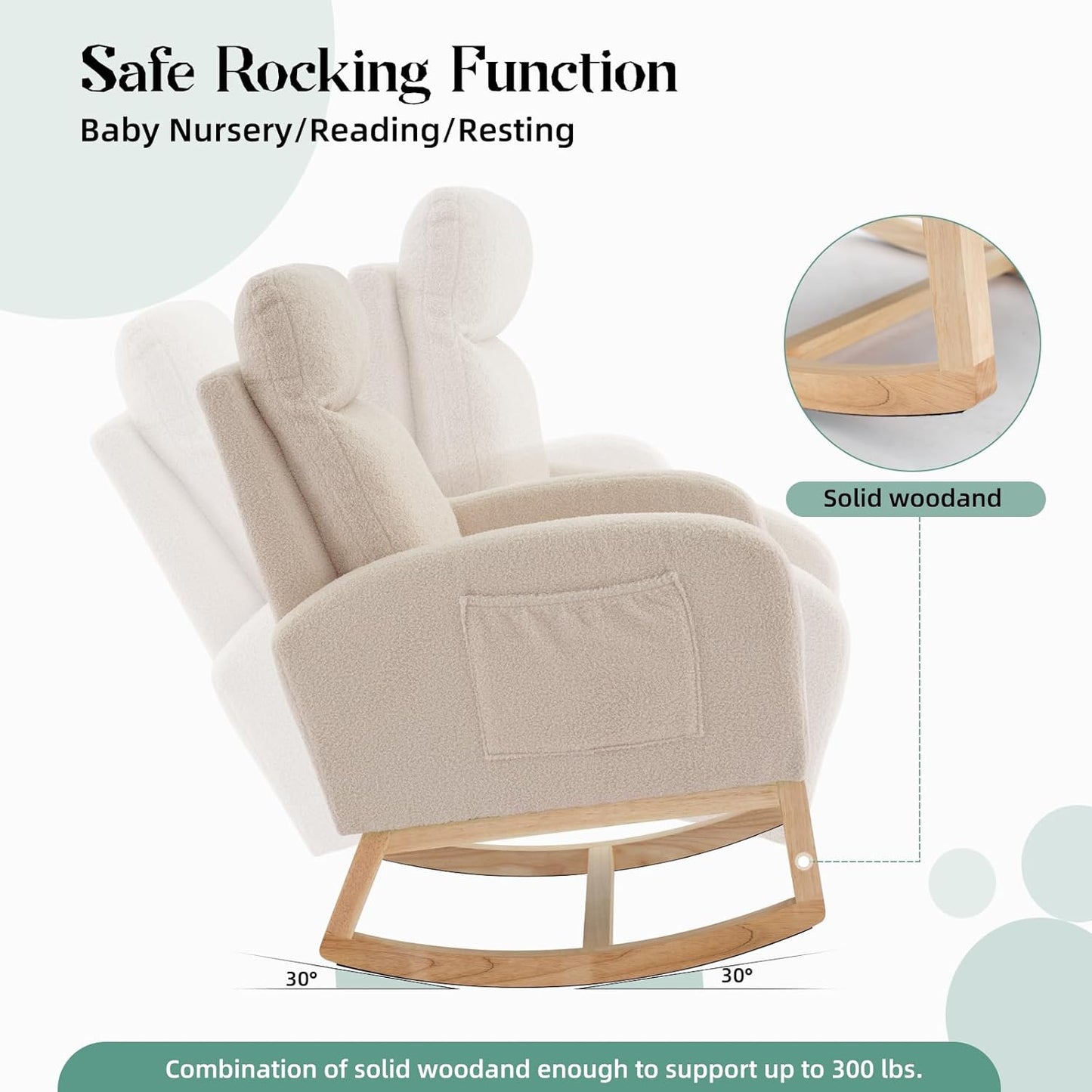 Modern Nursery Rocking Chair, Upholstered Glider Rocking Chair for Living Room, Comfortable Rocker Recliner with Side Pocket, Rocker Glider for Bedroom, Nursing Room