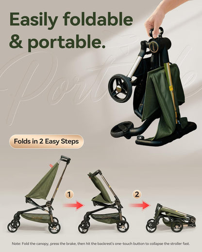Oneye Travel Stroller for Airplane, Ultra Lightweight Baby Stroller for Toddlers with Canopy, Foldable & Compact Strollers with Jumbo Seat & Large Storage Basket,10.19lb,Stable & One-Hand Fold, Green