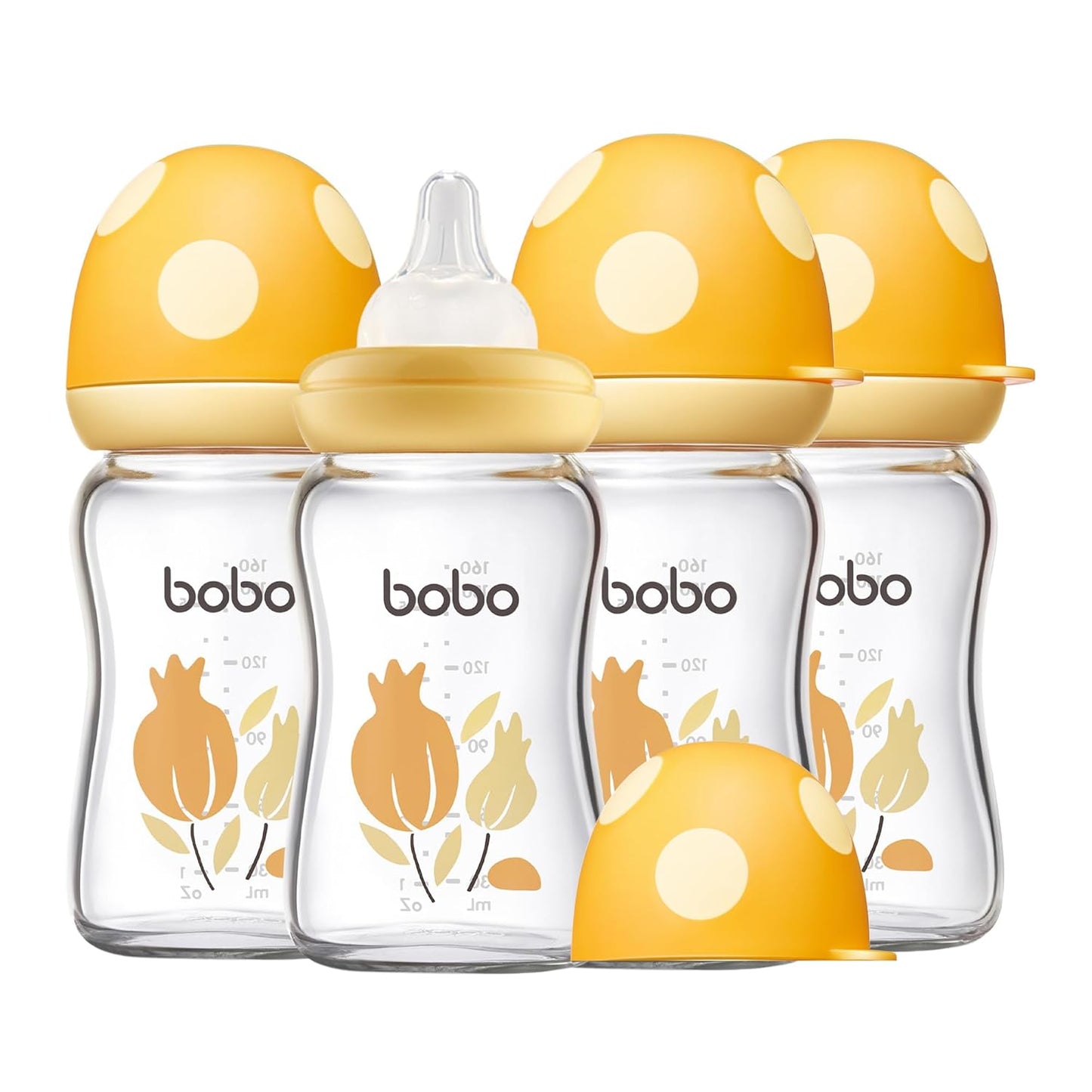 YOHKOH Natural Glass Baby Bottle with Level 1 Slow Flow Nipple, Newborn Anti-Colic Baby Bottles, Wide Neck Mushroom Baby Glass Bottle (Multicolour-A, 3.4oz (Pack of 4))