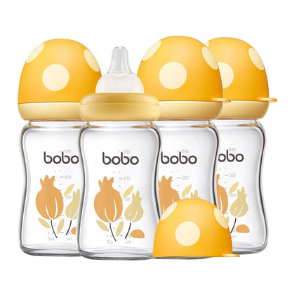YOHKOH Natural Glass Baby Bottle with Level 1 Slow Flow Nipple, Newborn Anti-Colic Baby Bottles, Wide Neck Mushroom Baby Glass Bottle (Multicolour-A, 3.4oz (Pack of 4))