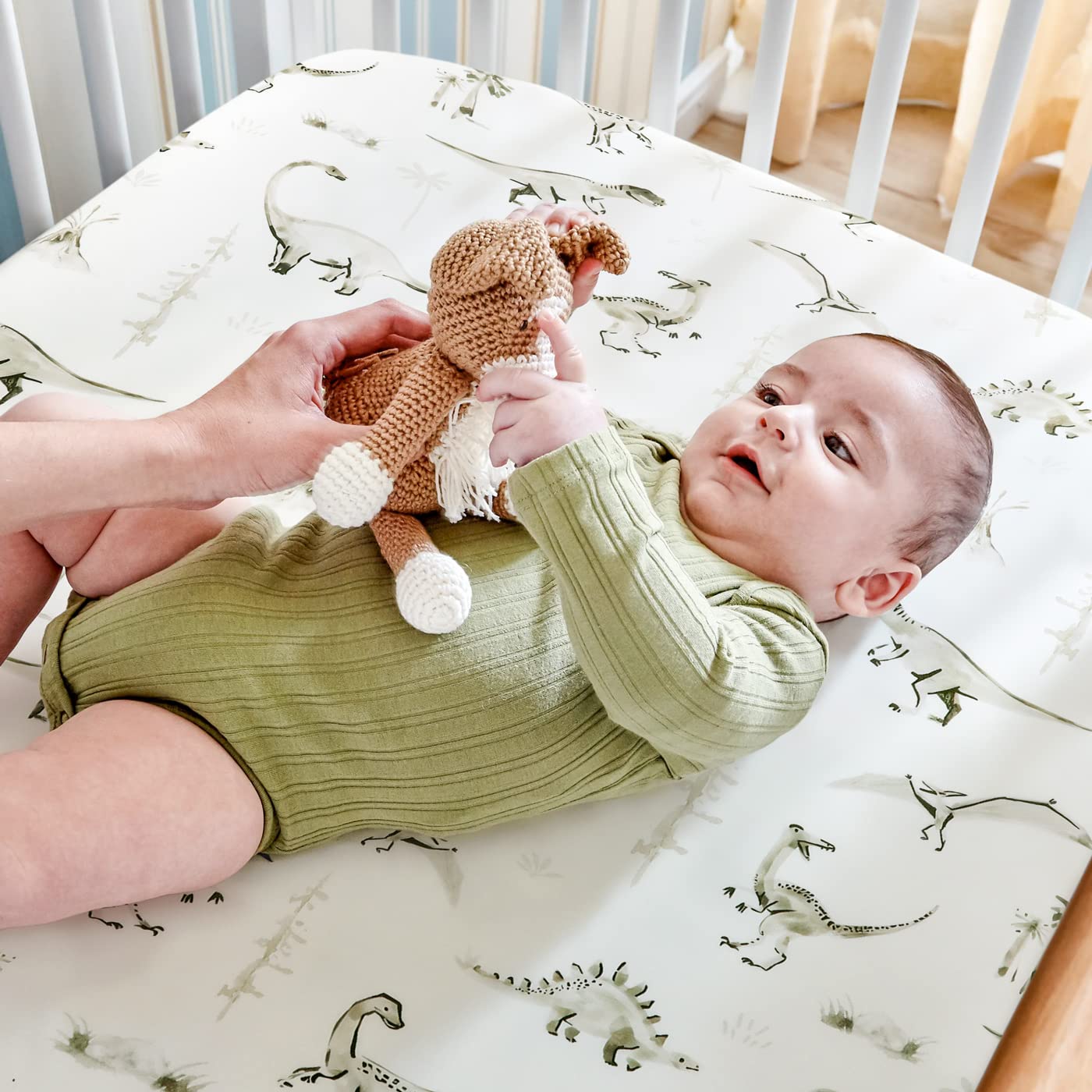GRSSDER Stretch Ultra Soft Jersey Knit Fitted Pack n Play Playard Sheets Set 2 Pack，Fits Portable/Mini Cribs Sheets, Playards Mattress Pads, Stylish Watercolor Animals for Baby, Mint Green