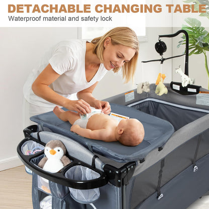5-in-1 Pack and Play Portable Crib for Baby,Multifunction Bedside Crib from Newborn to Toddlers,U-Shaped Diaper Changer,Playard,Safety Strap,Carry Bag