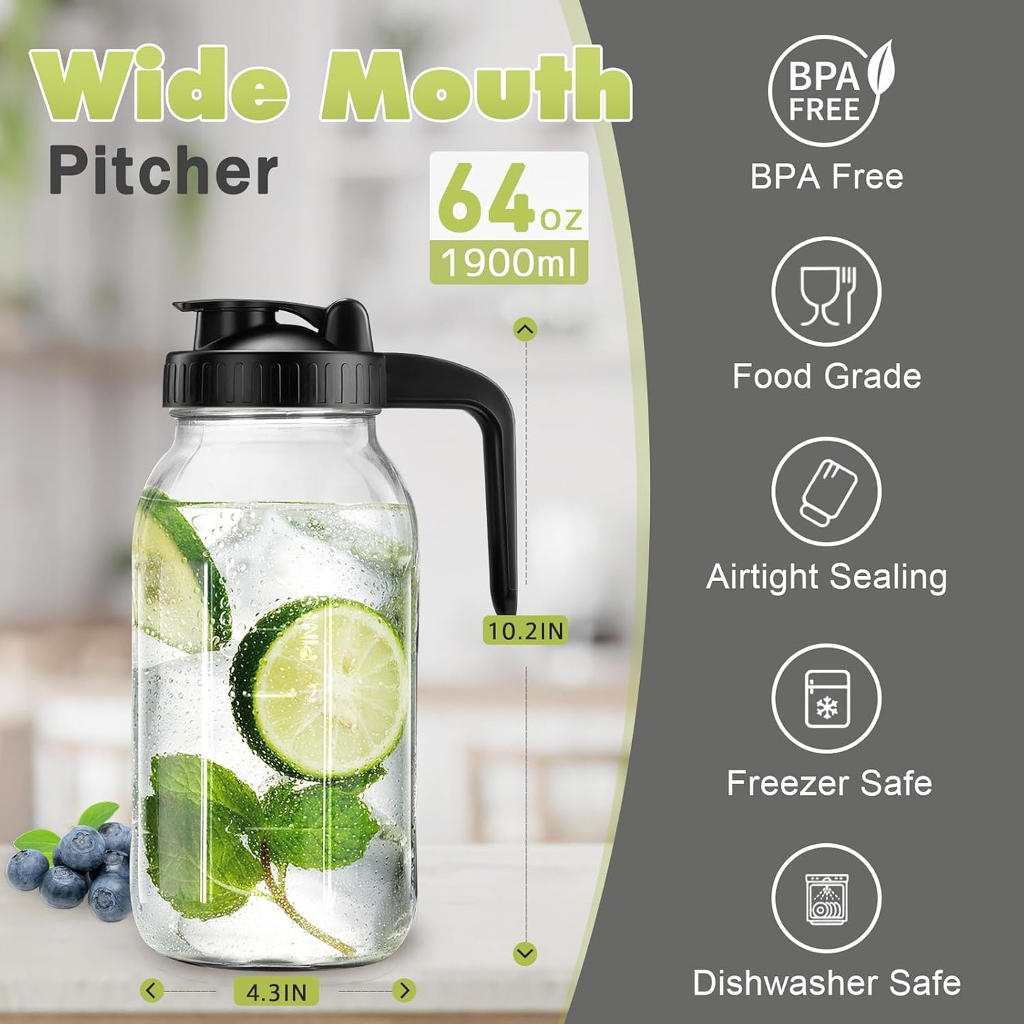 32oz Glass Pitcher with Lid & V-shaped Pour Spout - 1 Quart Breastmilk Pitcher Double Leak Proof, Creamer Container for Sun Tea, Juice, Cold Brew Coffee, Breastmilk Storage Container