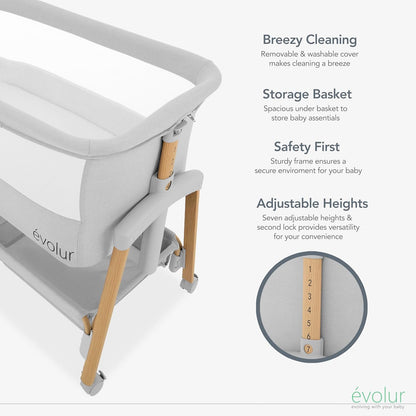 Evolur Lullaby Portable Bassinet with Wheels, Adjustable Bedside Sleeper, Breathable Mesh Sides, Large Storage Basket, Easy Fold, and Travel Bag Included, Perfect for Newborns & Infants - Biege