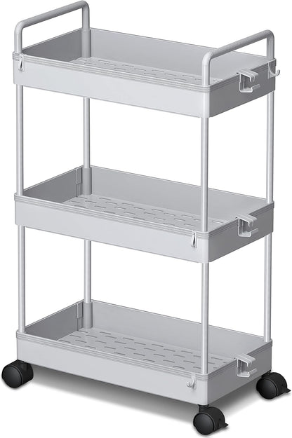 Ronlap 3 Tier Slim Rolling Storage Cart with Wheels Plastic Utility Cart Organizer for Snack Craft Art Postpartum Baby Diaper Nail Makeup in Bathroom Laundry Room Kitchen Bedside Narrow Space, White