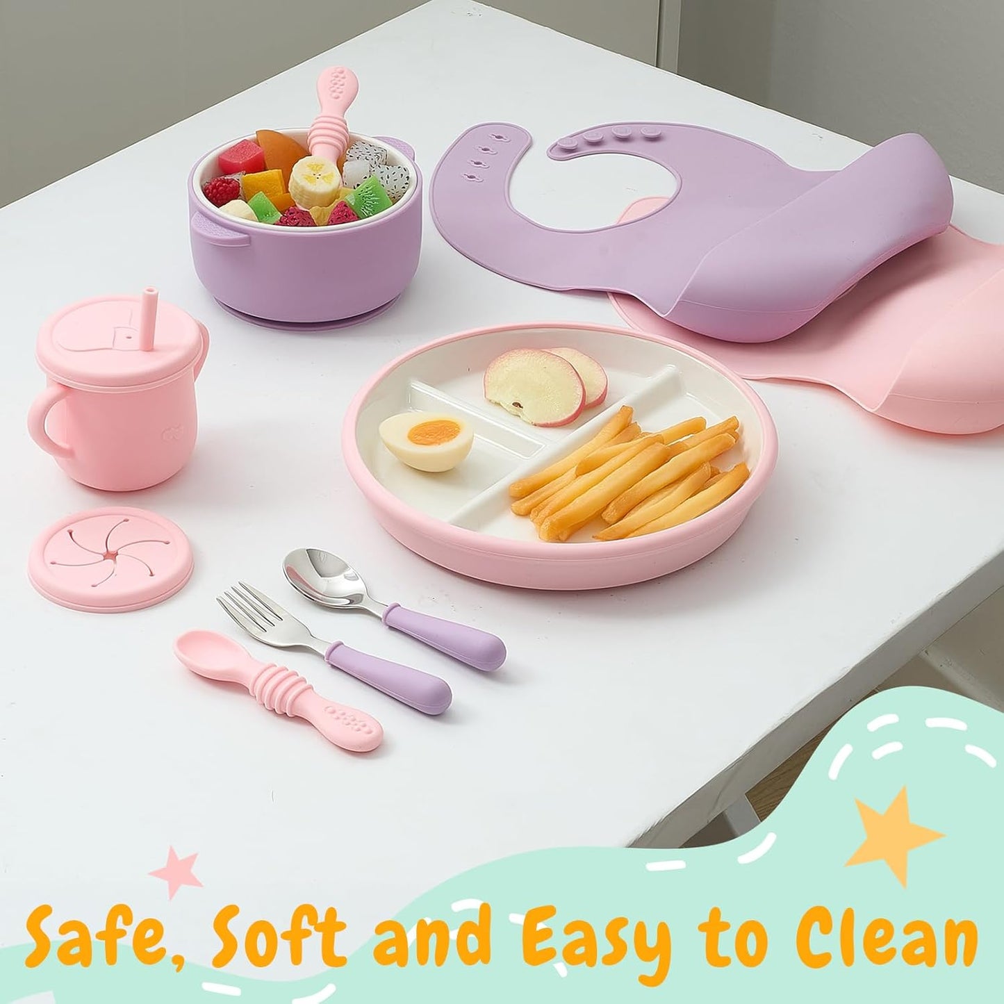 Teenyyou 9 Pcs Porcelain Kids Plates and Bowls Feeding Set with Suction, Ceramic Baby Toddler Divided Plates Silicone Sleeve Bowls Forks Spoons Cup Bib Microwave Dishwasher Safe(Pastels)