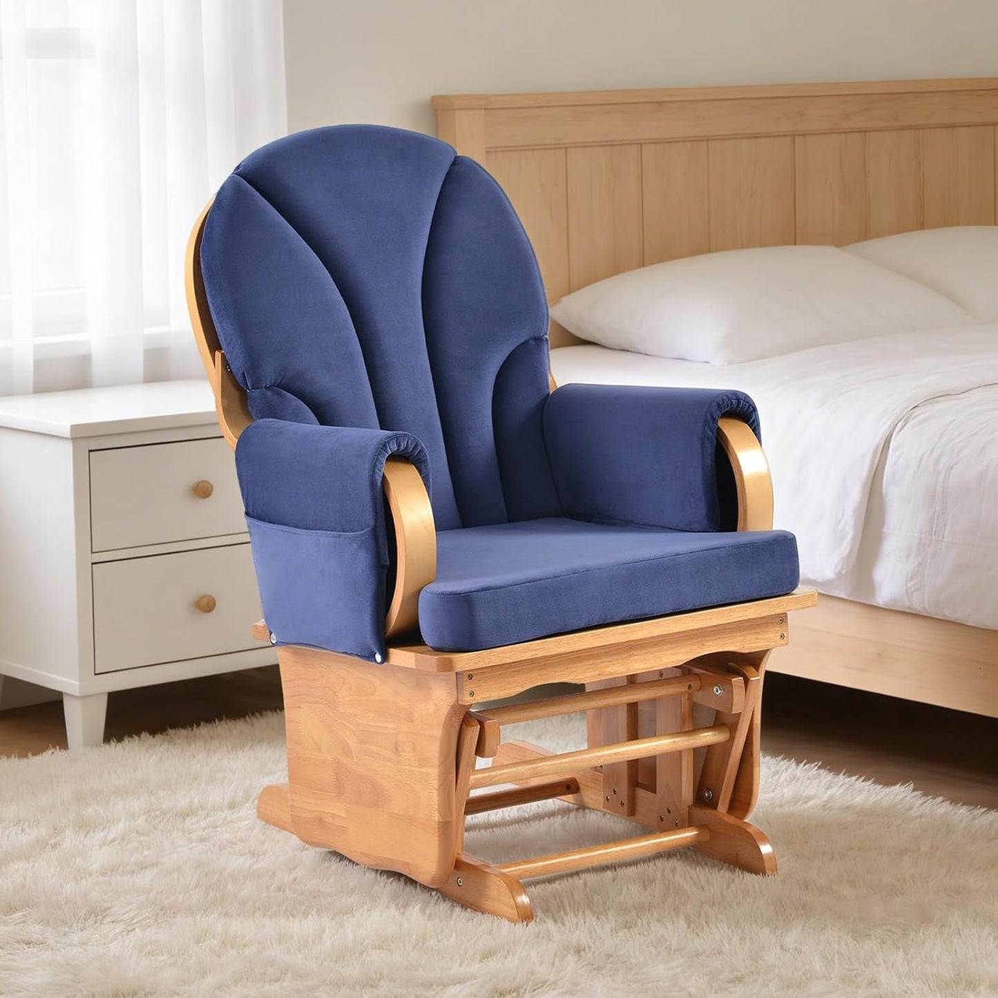 Rustic Rubber Wood Glider and Ottoman Set, Nursery Glider Chair for Breastfeeding and Relaxing, Comfortable Rocking Chair for Living Room and Bedroom（Tan）