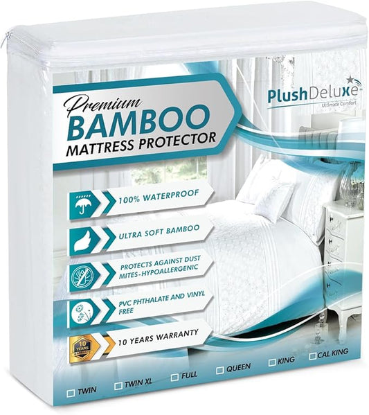 PlushDeluxe Premium Bamboo Mattress Protector – Twin Size, Waterproof, & Ultra Soft Breathable Noiseless Washable Bed Mattress Cover for Comfort & Protection - White