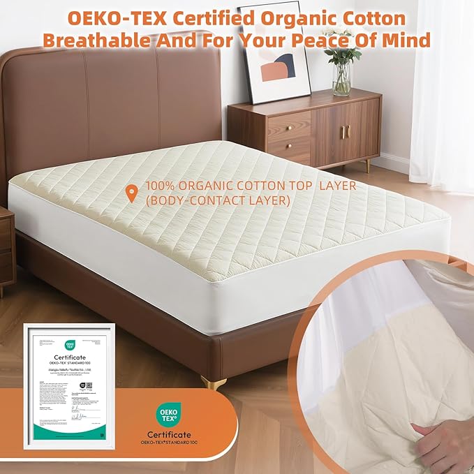 Organic Cotton Full Mattress Protector - Top&Side 100% Waterproof Mattress Protector, Breathable Organic Mattress Protectors, Noiseless Full Mattress Protectors Waterproof 75x54x17 in