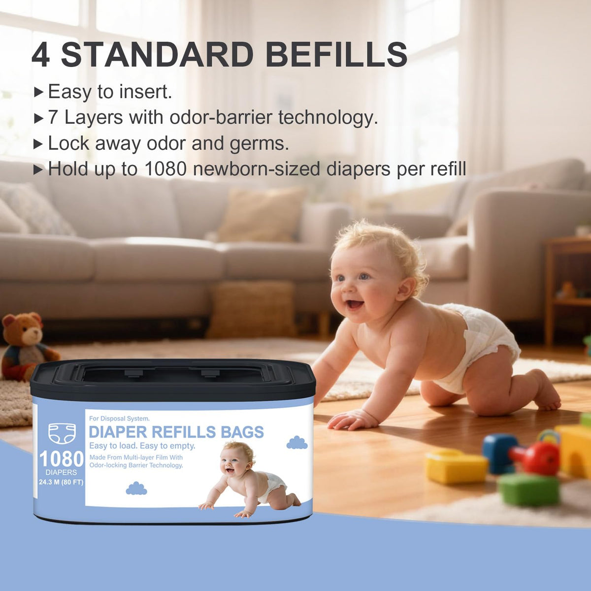 Jumbo+ Square Refills Disposal Bags Refill Compatible with Diaper Genie Compact, Classic and Select Pails,Hold Up to 1080 Newborn-Sized Diapers Per Refill,3 Packs