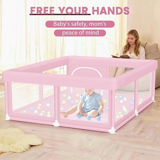 Hiaksedt Large Baby Playpen 50"x50" Baby Girl Play Pen for Babies and Toddlers, Safe Structure and Soft, Skin-Friendly Fabric with Zipper Gates Pink