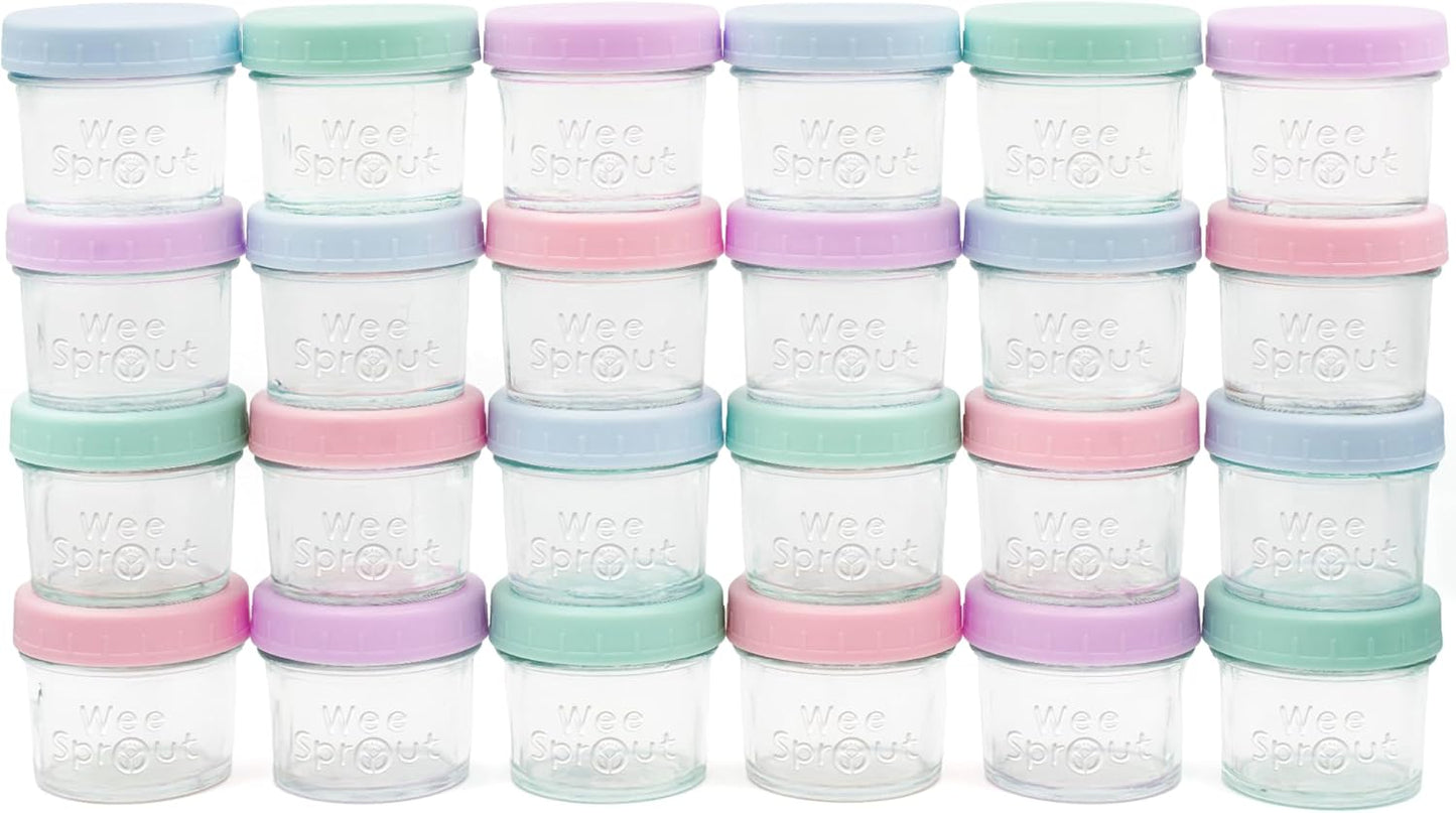WeeSprout Glass Baby Food Storage Jars w/Lids (4 oz, 12 Pack Set) Snack, Puree, Reusable Small Containers, Breast Milk, Fridge or Freezer, Microwave & Dishwasher Safe, Essential Must Have for Infants