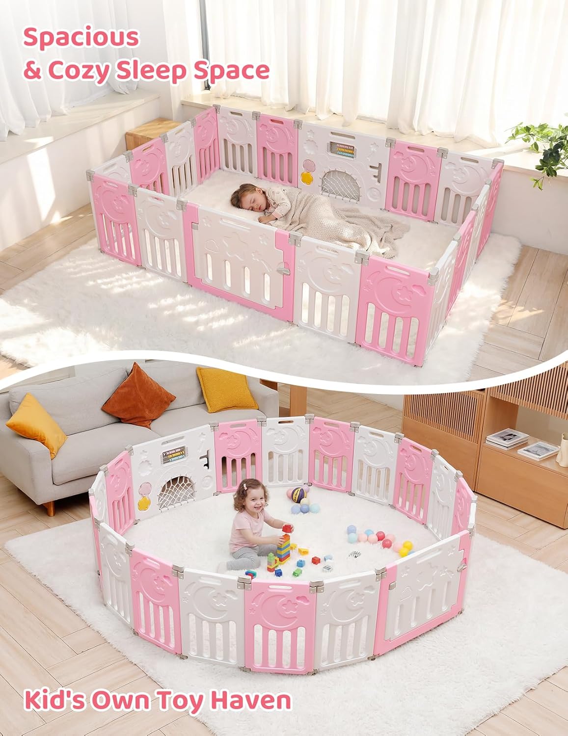 Baby Playpen, Dripex Baby Playard for Babies and Toddlers, 14-Panel Foldable Playpen Adjustable Portable Play Area, Indoor/Outdoor Kids Active Center with Game Panel & Safety Gate, Grey White