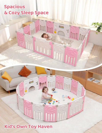 Baby Playpen, Dripex Baby Playard for Babies and Toddlers, 14-Panel Foldable Playpen Adjustable Portable Play Area, Indoor/Outdoor Kids Active Center with Game Panel & Safety Gate, Grey White