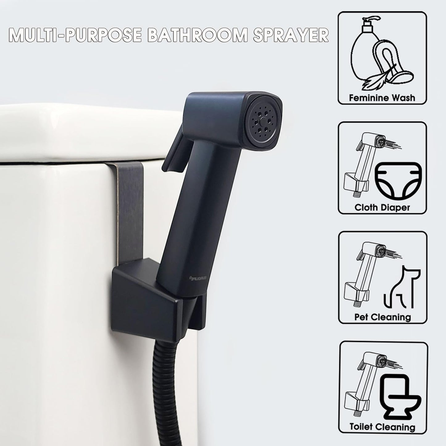 Handheld Bidet Sprayer for Toilet, Lockable Push Button, High Pressure Bathroom Sprayer, Cloth Diaper & Personal Hygiene Sprayer, Tank Mount No-Drill Install, Stainless Hose Set, Black Color