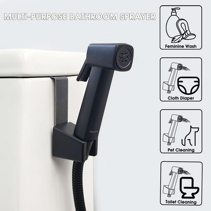 Handheld Bidet Sprayer for Toilet, Lockable Push Button, High Pressure Bathroom Sprayer, Cloth Diaper & Personal Hygiene Sprayer, Tank Mount No-Drill Install, Stainless Hose Set, Black Color
